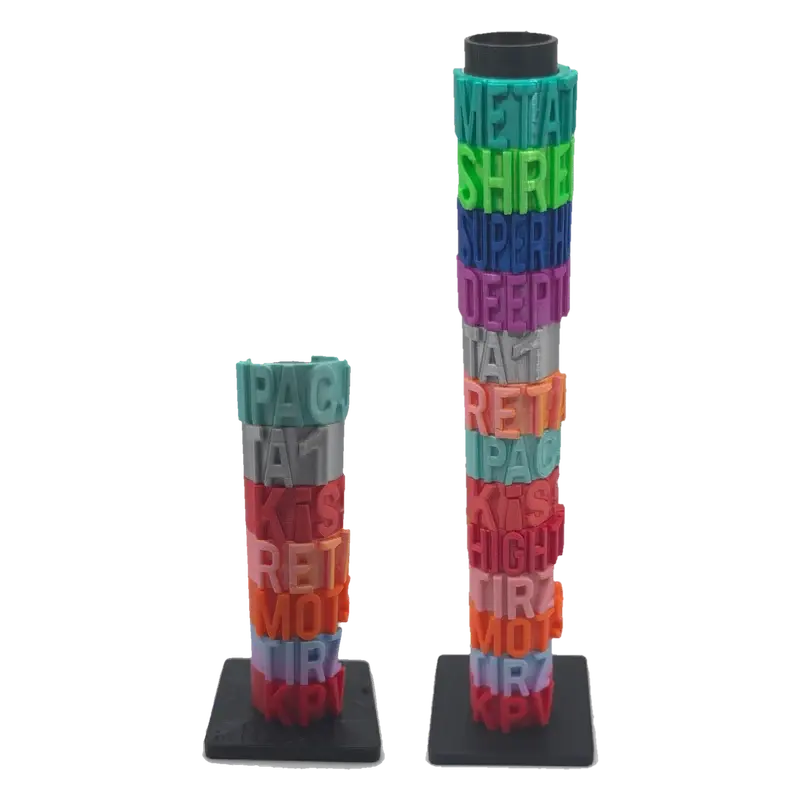Label Stand Short holding 7 peptide labels next to Label Stand Tall holding 13
